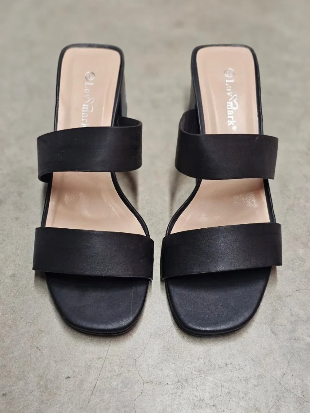 Black Block Heel Slide Sandals With Double Straps Open Toe & Square Heel Design - Picture 9 of 13